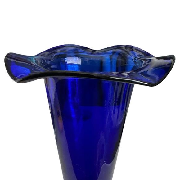 Cobalt Blue Art Glass Trumpet Vase Clear Base 9” Tall - Picture 4 of 8
